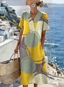 <b>Boho</b> V-Neck Midi <b>Dress</b> With Geometric Print Short Sleeve Loose Fit Linen Cotton <b>Summer</b> Casual Wear - Product Image 2