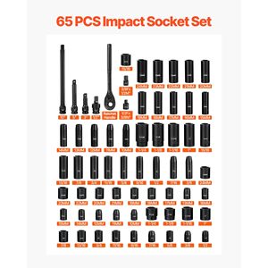 Set di chiavi a bussola a impatto da 1/2 pollice, 65 pezzi, identificazione facilitata, 6 punte, SAE 3/8 pollici, 1 1/4 pollici, metrico 10-24 mm, set di chiavi a bussola da 65 pezzi 19 mm 32 mm - Product Image 3
