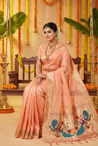 Silk Saree With Peacock Embroidery Hand Drawn Traditional Indian Wedding Wear For Women - Product Image 2