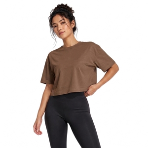 Camiseta Corta Marrón para Mujer, Cuello Redondo, Manga Corta, Corte Holgado, Color Sólido, 100% Algodón Jersey, Ropa Casual para Todas las Temporadas - Product Image 1