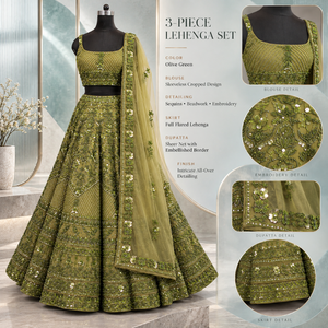 Olive Green Embroidered Lehenga Set 3 Piece Sequin <b>Beaded</b> Blouse | Flared <b>Skirt</b> with Embellished Dupatta for Wedding Party Wear - Product Image 5