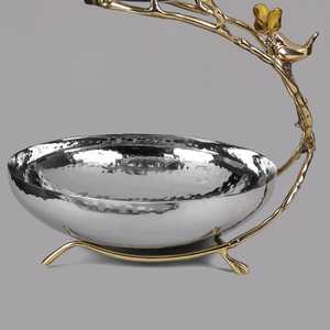 Ensemble de bols décoratifs de luxe en acier inoxydable poli, faits à la main, à deux niveaux, avec motif d'oiseaux dorés sur branche - Product Image 3