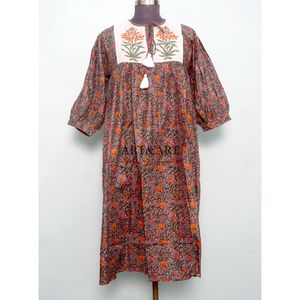 Summer Boho A-Line Midi <b>Dresses</b> 2-Piece Sweet Floral Printed 100% Cotton V-neck Tassel Casual Loose Short Sleeves Natural - Product Image 1