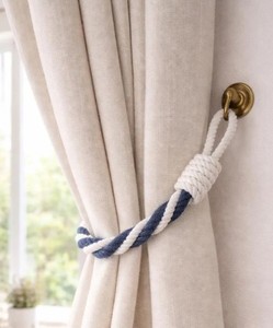 Navy-White Rope <b>Curtain</b> Tieback – Slim Braided Cotton & Jute Holder - Product Image 3