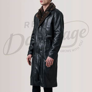 เสื้อโค้ทหนังแท้สีดำสำหรับผู้ชาย  แบบยาว  คอปกขนสัตว์  ให้ความอบอุ่นในฤดูหนาว  ทรงคลาสสิก  ทรงเข้ารูป  กันลม - Product Image 4