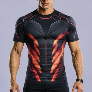 Camiseta de Compresión Geométrica Roja y Negra para Hombre, Manga Corta, Secado Rápido, Poliéster, Protección UV - Product Image 5