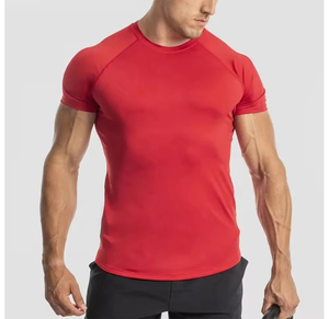 Camiseta Deportiva de Manga Corta para Hombre, Cuello Redondo, Color Rojo Sólido, Tejido de Punto, Corte Ajustado, Secado Rápido, Poliéster, Estilo Deportivo, Largo Regular, para Gimnasio - Product Image 1