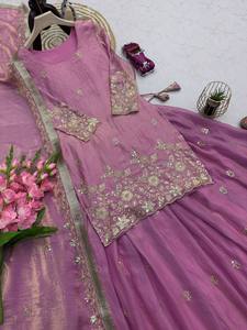 Premium Lavender Tissue Silk Kurta Lehenga Set Heavy Zari Embroidered Short <b>Kurti</b> with Flared Skirt Indian Pakistani Wedding Wea - Product Image 3