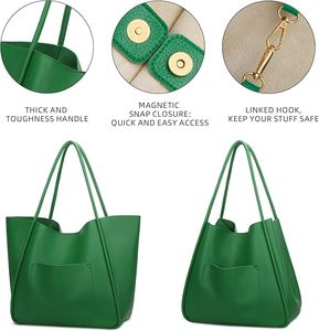 Green Genuine Leather Tote Bag Women Casual Minimalist Large Capacity Shoulder Strap Open <b>Top</b> Daily Use Handbag - Product Image 4