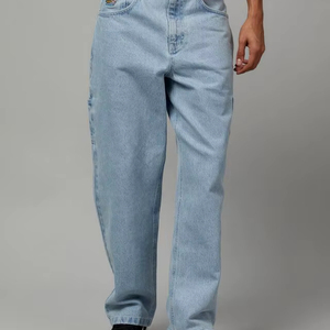 Jean taille haute coupe skinny droite respirant avec ourlet fendu en denim délavé clair pour femme, pantalon décontracté pleine longueur en coton délavé à la pierre - Product Image 1