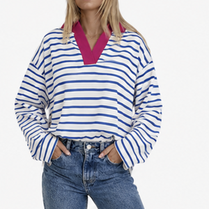 Sweat-shirt décontracté ample à manches longues pour femme, col en V, rayé, respirant, écologique, avec appliqué sur le devant - Product Image 4