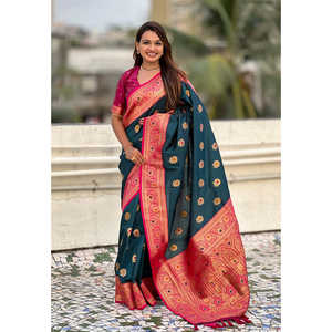 Sari en soie douce avec motif tissé Meenakari Zari Butta Tournesol, Robe de soirée en denim au style unique - Product Image 5