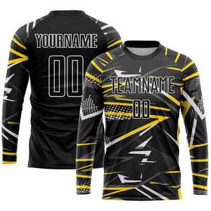 เสื้อฟุตบอลผู้ชายสั่งทำพิเศษ แขนยาว สีดำทอง พิมพ์ลายแบบซับลิเมชั่น ระบายเหงื่อได้ดี ทรงปกติ ชุดยูนิฟอร์มผู้ใหญ่ ผู้ผลิต OEM สำหรับกีฬา - Product Image 1