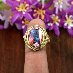 Kingman Pink Dahlia Turquoise Bezel Setting Fancy 18K Gold Vermeil Leaves Luxury Women's <b>Statement</b> Band Handmade <b>Ring</b> - Product Image 5