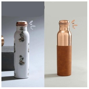 Clean drinking copper vessel Copper <b>Water</b> <b>Bottle</b> With <b>White</b> Floral Design Portable Travel Drinkware With Lid Minimalist Style - Product Image 1