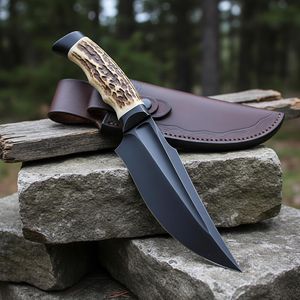 Cuchillo utilitario SHARP POINT TRADES con hoja de punta caída, acero de alto carbono, mango de madera, funda de cuero, 6.7 pulgadas de largo, para uso en exteriores. - Product Image 5