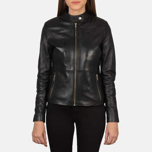 Chaqueta de moto de cuero genuino para mujer, cuello alto, manga larga, cierre de cremallera, color negro, corte regular, estilo otoñal - Product Image 4