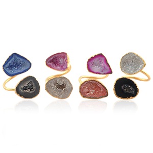Anillo Abierto de Ágata Druzy Azul y Naranja Chapado en Oro – Anillo de Doble Piedra Ajustable Hecho a Mano - Product Image 3