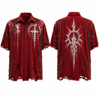 Weißes Kreuz-Print-Hemd mit Kettenverzierung und Ripped-Design für Herren, Gothic-Stil, Anpassbare Farbe, Regular Fit, Kurzarm, Polyester/Baumwolle