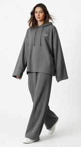 Conjunto Deportivo de Otoño para Mujer, Estampado, Gris, con Capucha, 2 en 1, Sudadera Holgada de Manga Larga y Pantalones Anchos - Product Image 6
