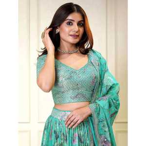 Belle Turquoise Paillettes Organza De Mariage Porter Lehenga Choli - Product Image 5