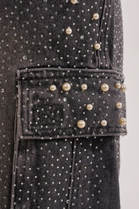 Shorts cargo taille haute ornés de perles pour femme, style streetwear, fermeture boutonnée, tissu en coton tissé avec poches - Product Image 5