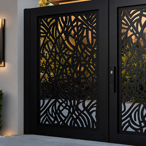 Puerta de entrada doble moderna de metal negro con un intrincado patrón cortado a láser y un elegante estilo exterior residencial contemporáneo. - Product Image 4