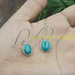 Natural Turquoise Gemstone Earrings 925 Sterling Silver Handmade Oval Cabochon Drop Dangle Hook Boho Jewelry Gift for Women <b>Wife</b> - Product Image 3