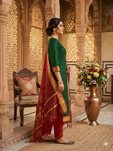 Green Cotton <b>Kurta</b> With Red Dupatta Set <b>For</b> <b>Women</b> Traditional Indian Ethnic Wear Ankle Length Regular Fit Casual Style - Product Image 2