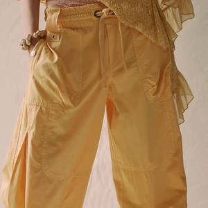 Hot Sale Women's Mid Waist Loose Cargo <b>Pants</b> Solid Yellow Elastic Waist Full Length Cotton Autumn Barrel Wide Leg Sweatpants - Product Image 4