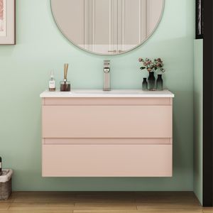 Mobile Bagno Sospeso da 32 Pollici con Doppio Cassetto, Ante Arrotondate, Sistema Soft-Close, Lavabo in Ceramica, Nessun Montaggio Hardware Richiesto - Product Image 3