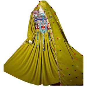 Vestido Afgano Color Granate y Blanco, Traje Tradicional con Bordado Dorado Intenso y Trabajo de Espejos, Dupatta, Vestimenta Cultural - Product Image 1