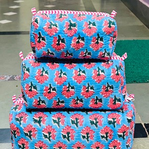 Floral Pattern Cosmetic Bag Blue Red Pink Vintage Style Zipper Closure Toiletry Bag Multi Function <b>Makeup</b> Organizer Textile - Product Image 6