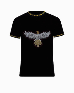 Mens Black Eagle Rhinestone T-Shirt Luxury <b>Crystal</b> Embellished 100% Cotton Casual Short Sleeve Designer <b>Top</b> Quick Dry - Product Image 2