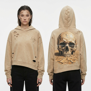 Sudadera con capucha blanca de 400GSM con lavado vintage, estampado floral de calavera y hoja de helecho, estilo bohemio, bajo sin rematar, ropa urbana - Product Image 6