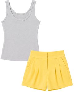 Manufacturer Custom <b>Light</b> Grey Tank Top With Yellow Shorts Women Summer Casual Two Piece Set Sleeveless <b>Lounge</b> Wear Outfit Set - Product Image 1