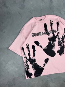 Oversized <b>White</b> Cotton T-Shirt With Black Handprint Pattern Street Style Short Sleeve Men's O-Neck <b>Tee</b> Printed Design - Product Image 4