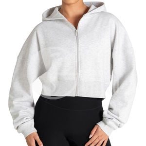 <b>Zip</b> <b>up</b> Women's Winter Front Logo Fleece Crop Hoodie with Pockets Polyester Cotton Hooded Sweatshirt - Product Image 5