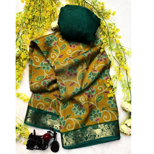 Sari traditionnel tissé vert foncé et moutarde avec motif floral pour femmes - Product Image 1