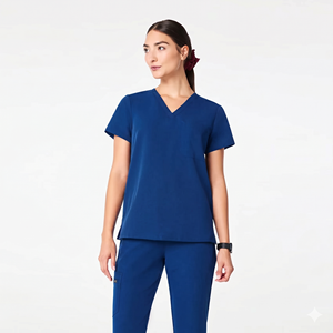 Blouse médicale bleue en coton et polyester à col en V pour femmes, avec poches, pour le personnel médical - Product Image 1