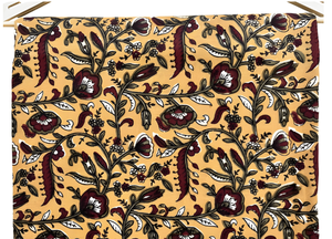 Premium mustard yellow hand block print cotton <b>fabric</b> unstitched suit material featuring traditional maroon floral vines - Product Image 6