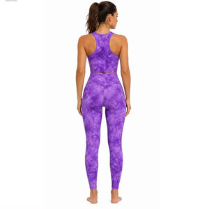 Ensemble de yoga 2 pièces pour femme, tie-dye violet, legging taille haute, crop top dos nageur à col rond, longueur intégrale, sans couture, en Spandex et Polyester - Product Image 4