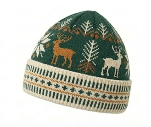 Bonnet en tricot jacquard vert avec motif cerf et flocon de neige 56-58CM, casquette d'hiver unisexe pour adultes, style décontracté, 100% acrylique - Product Image 2