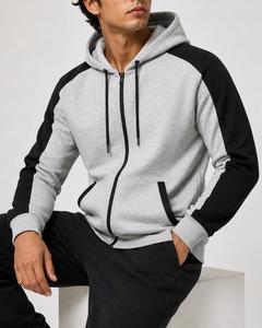 <b>Men's</b> Hooded <b>Zip</b>-<b>Up</b> Sweatshirt With Black Raglan Sleeves And Pockets Casual Regular Fit French Terry Fabric Autumn Wear - Product Image 5