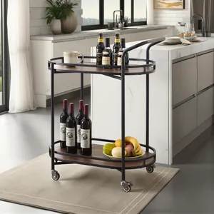 Modern Vintage Eco-Friendly <b>Round</b> Metal Rolling Kitchen Cart with Wooden Shelves Durable Storage for Party Use - Product Image 1