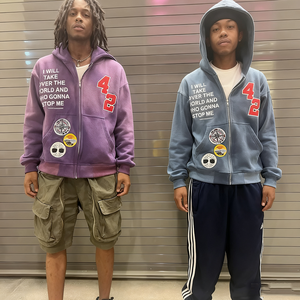 Streetwear Chenille Patches Acid Washed Zipper Hooded Sweatshirt for Unisex Custom Branding Applique Embroidery Zip Up Hoodies - Product Image 3