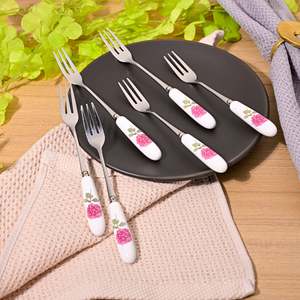 Chic <b>Set</b> of 6 Ceramic Ruffled Pink Forks Cute Metal and Wood Handle for Dinner Fruit and Dessert Use - Product Image 6