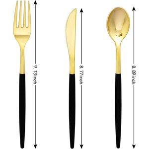 Set di posate in plastica dorata da 102 pezzi, include 34 forchette in plastica, collezione di posate usa e getta con manico nero, posate dorate - Product Image 1
