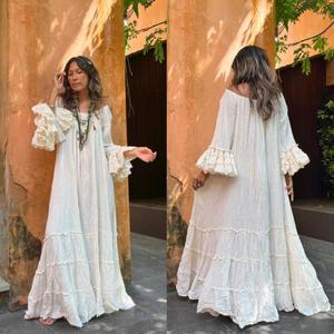 Vestido de Maternidad Moderno Estilo Boho para Boda, Vestido Largo de Alta Calidad con Volantes en los Hombros, Mangas Anchas, Diseño sin Espalda, Algodón Ecológico - Product Image 3
