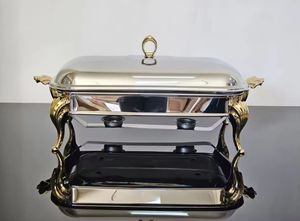 Luxury Rectangular Chafing <b>Dish</b> Gold Accent Buffet Food Warmer Elegant Catering Server Stainless Steel <b>Serving</b> <b>Set</b> - Product Image 2